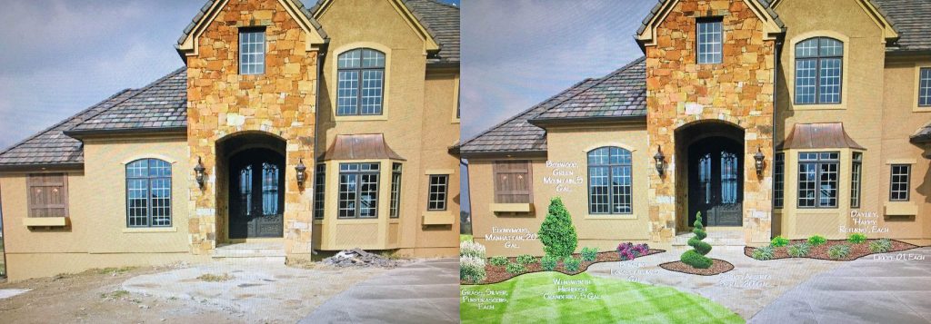 Before-and-after digital landscape design rendering of a stone-front house, adding lawn, shrubs, mulch beds, and labels